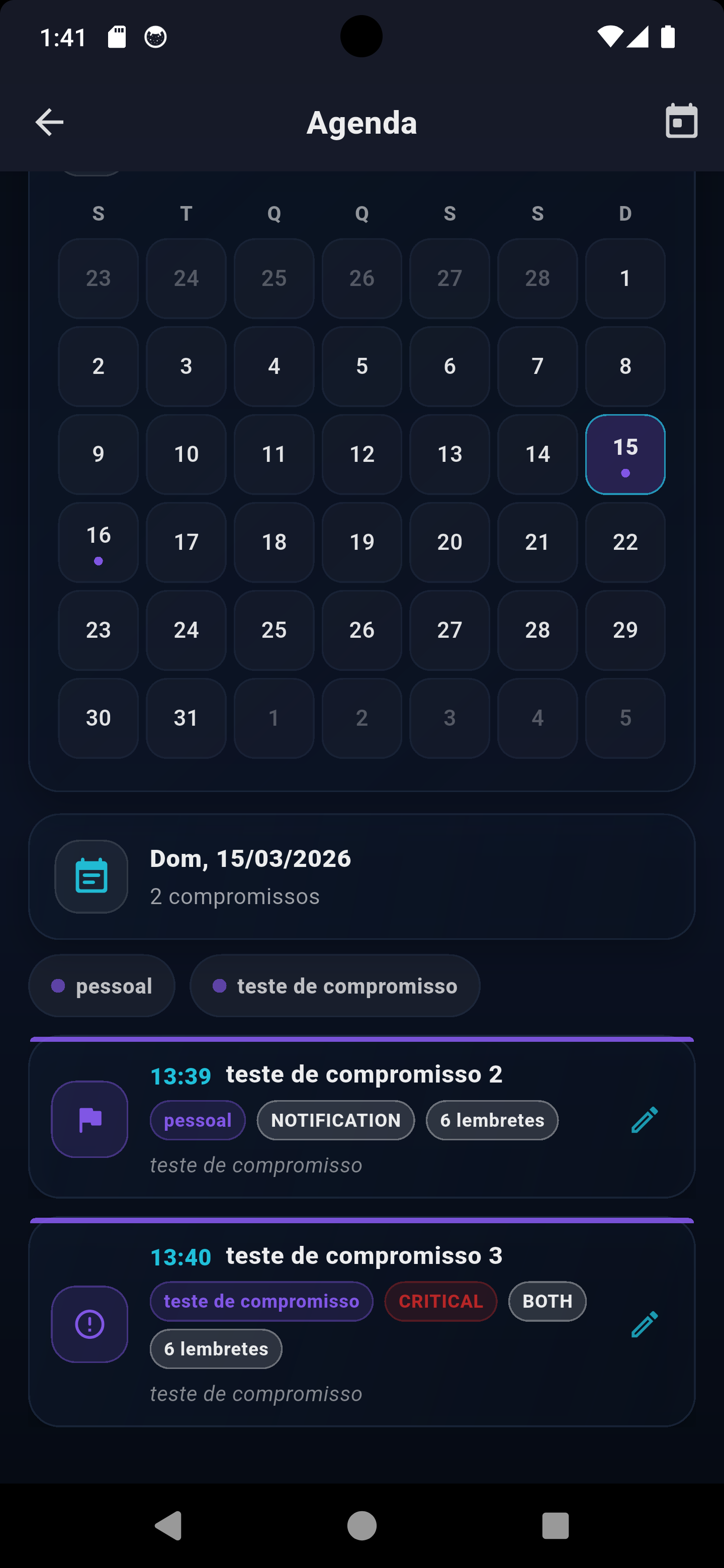 Calendário do módulo Agenda do Zora7 Suite