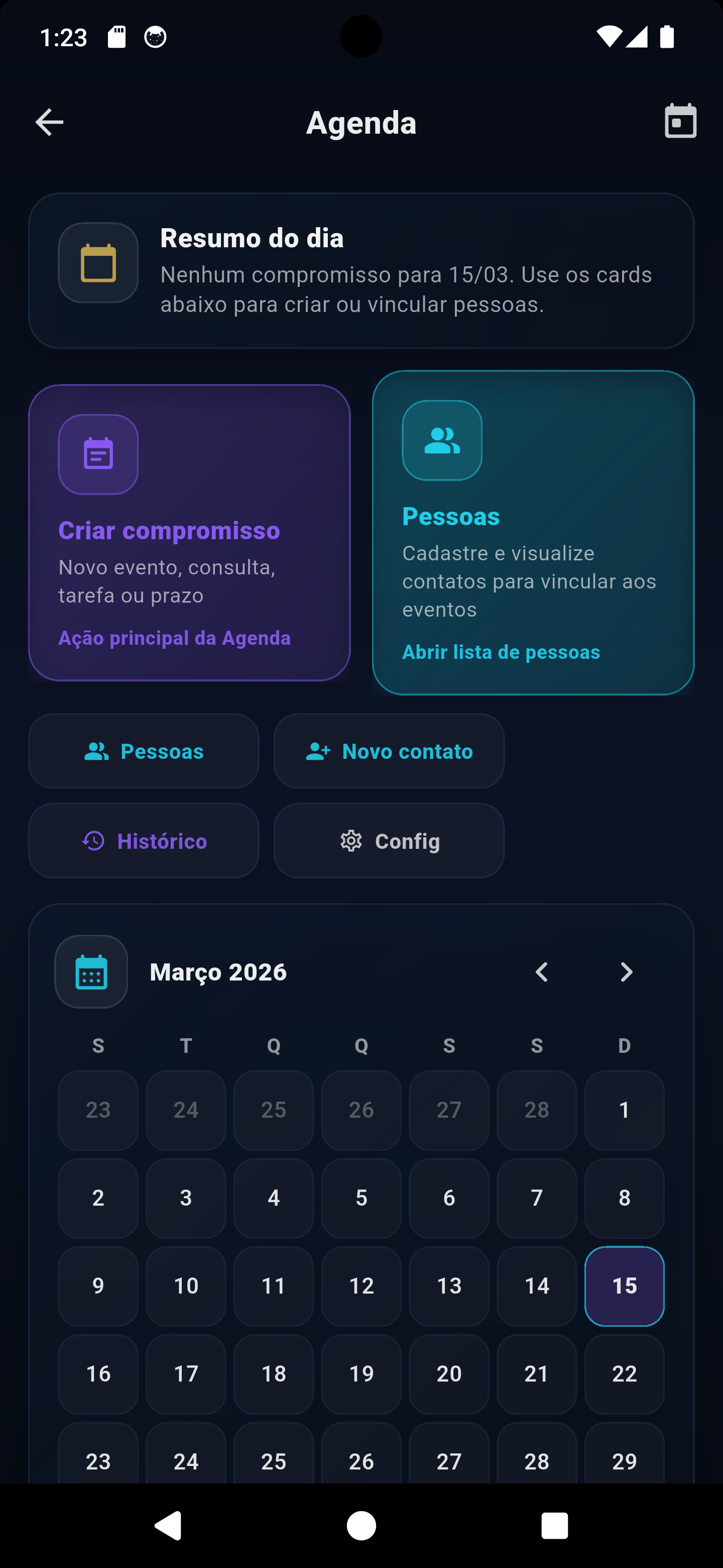 Painel principal da Agenda do Zora7 Suite