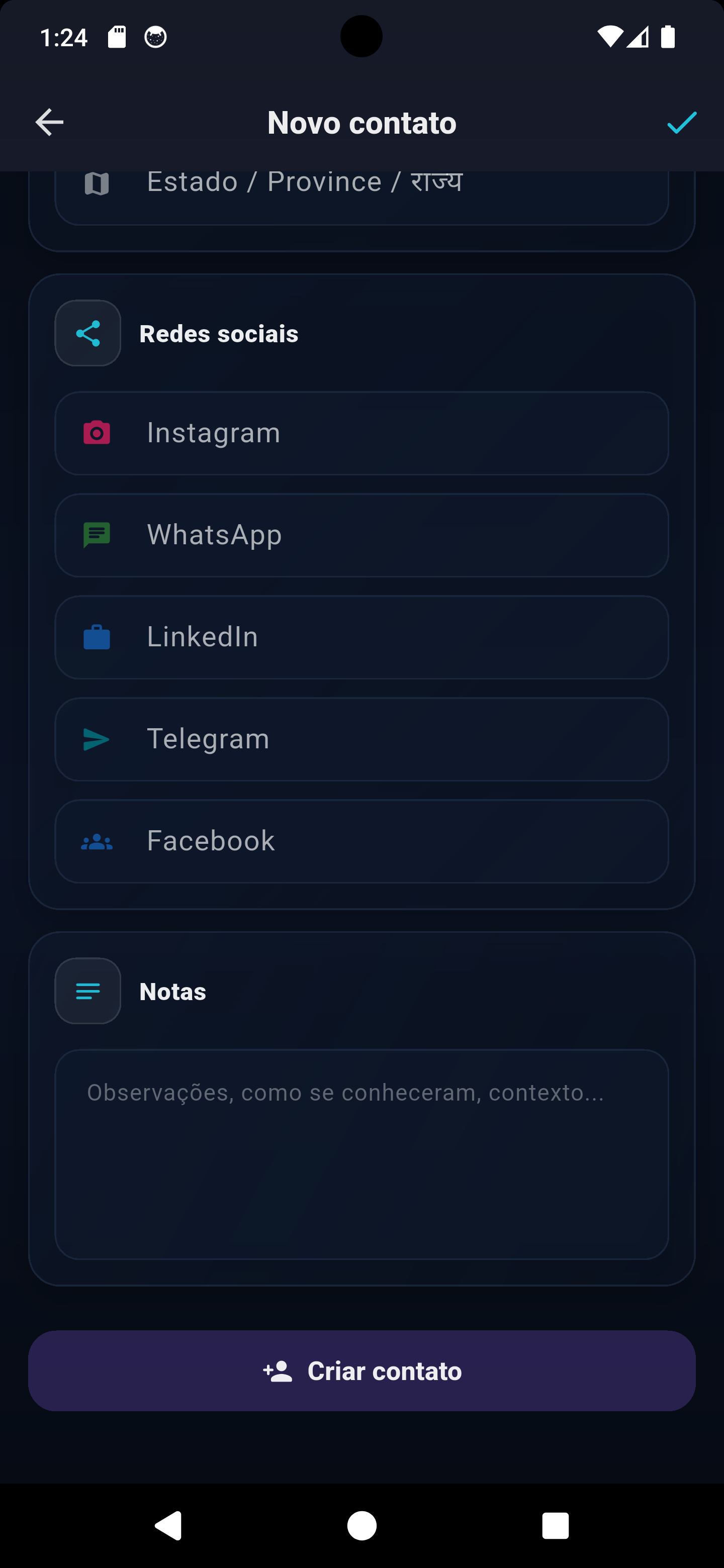 Redes sociais no cadastro de contato da Agenda