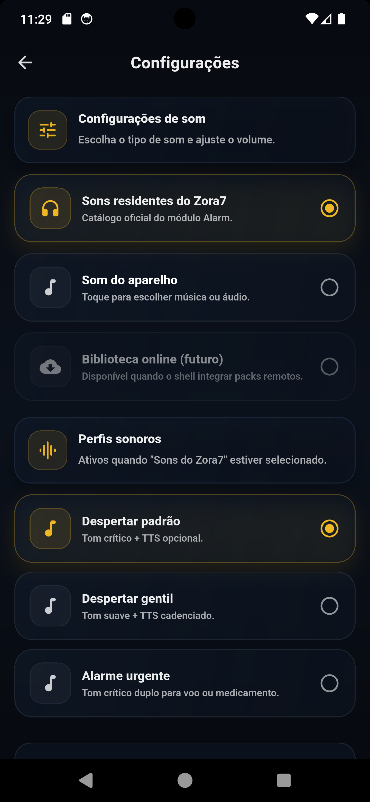Configurações do módulo Alarm do Zora7 Suite