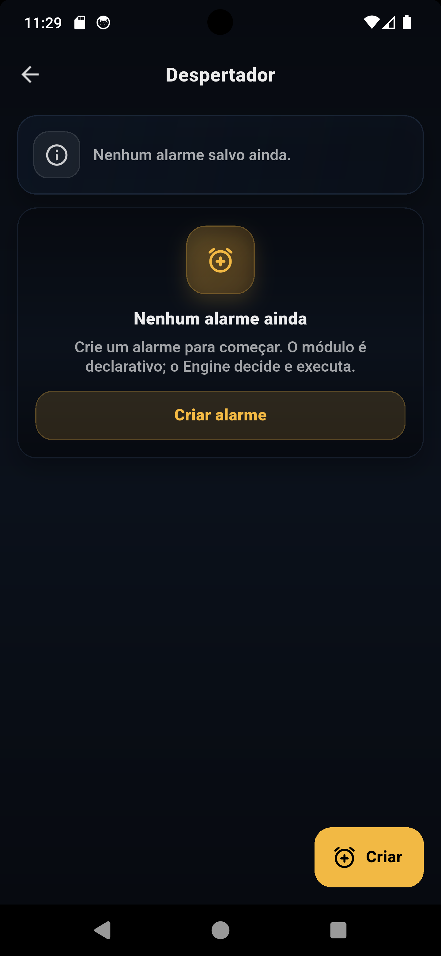 Tela principal do módulo Alarm do Zora7 Suite