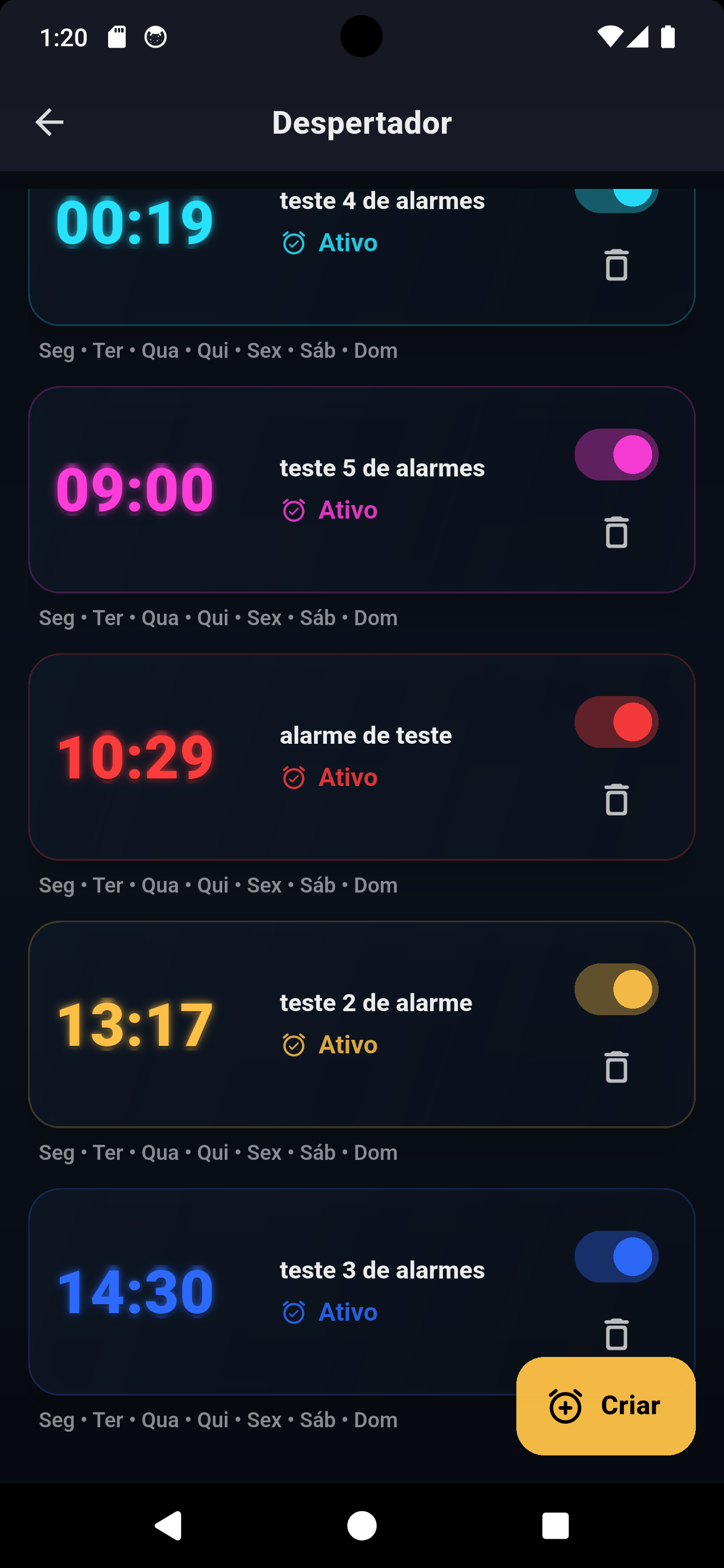 Lista de alarmes no módulo Alarm do Zora7 Suite