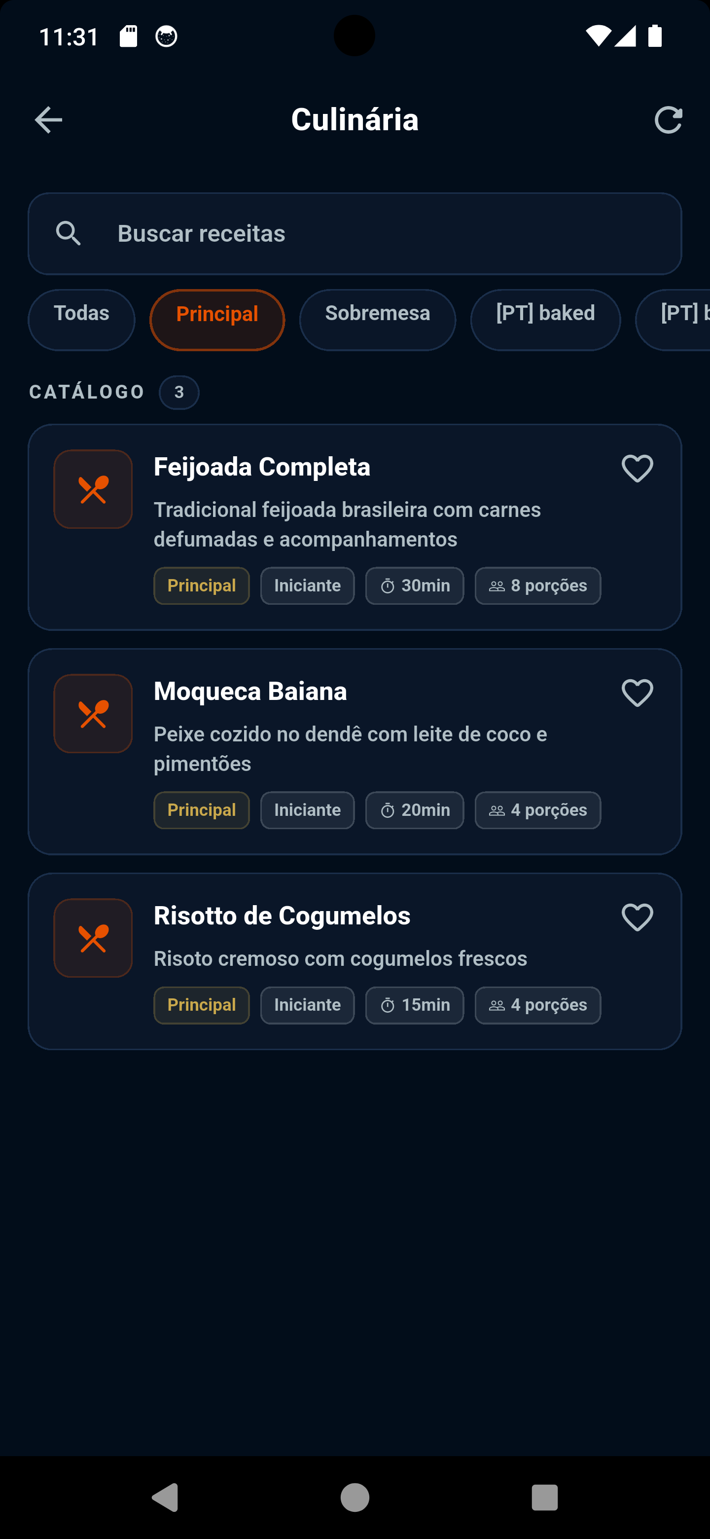 Catálogo de receitas do módulo Cuisine