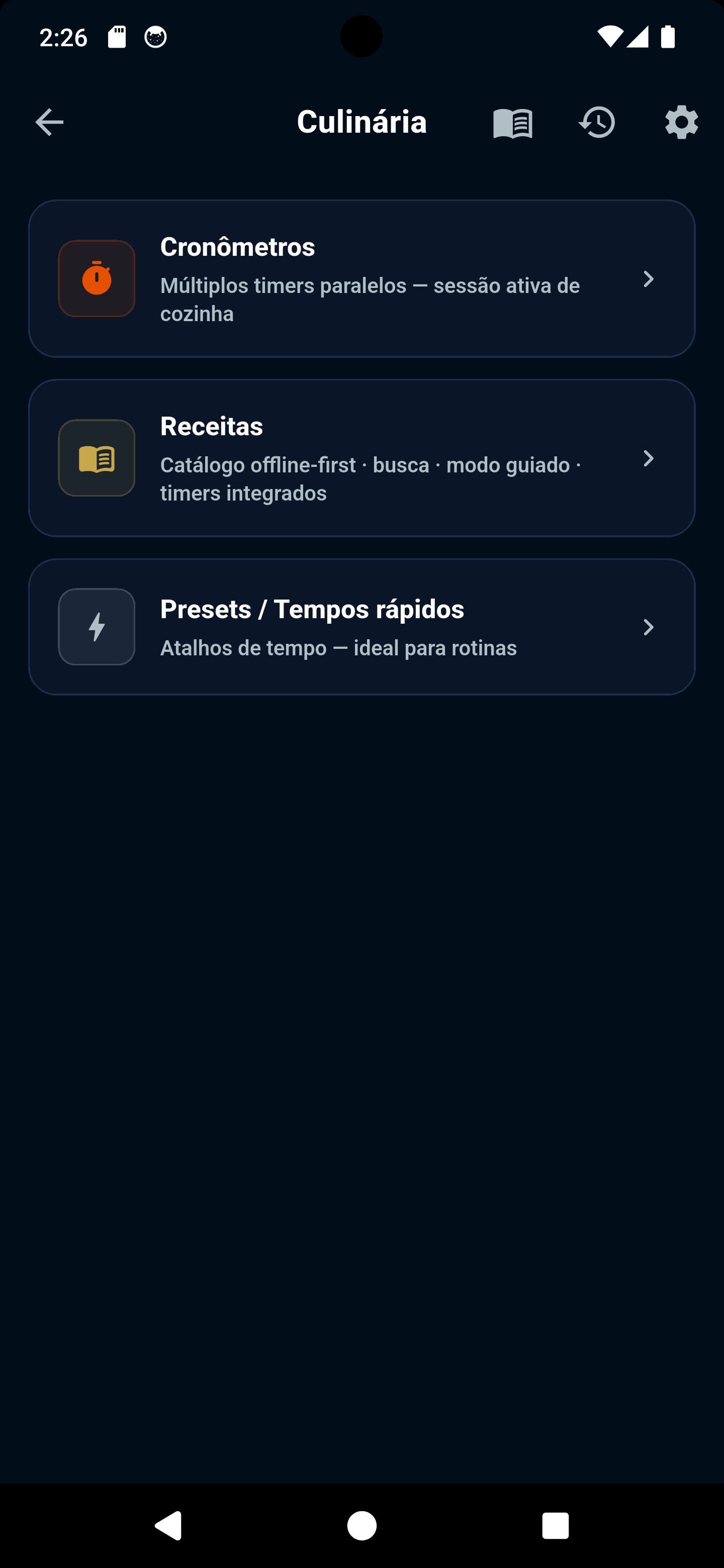 Tela principal do módulo Cuisine do Zora7 Suite