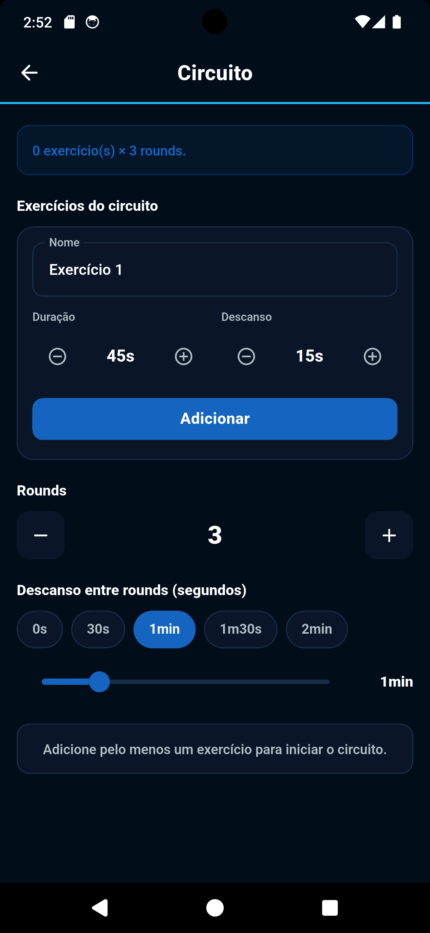 Tela de circuito do módulo Workout do Zora7 Suite