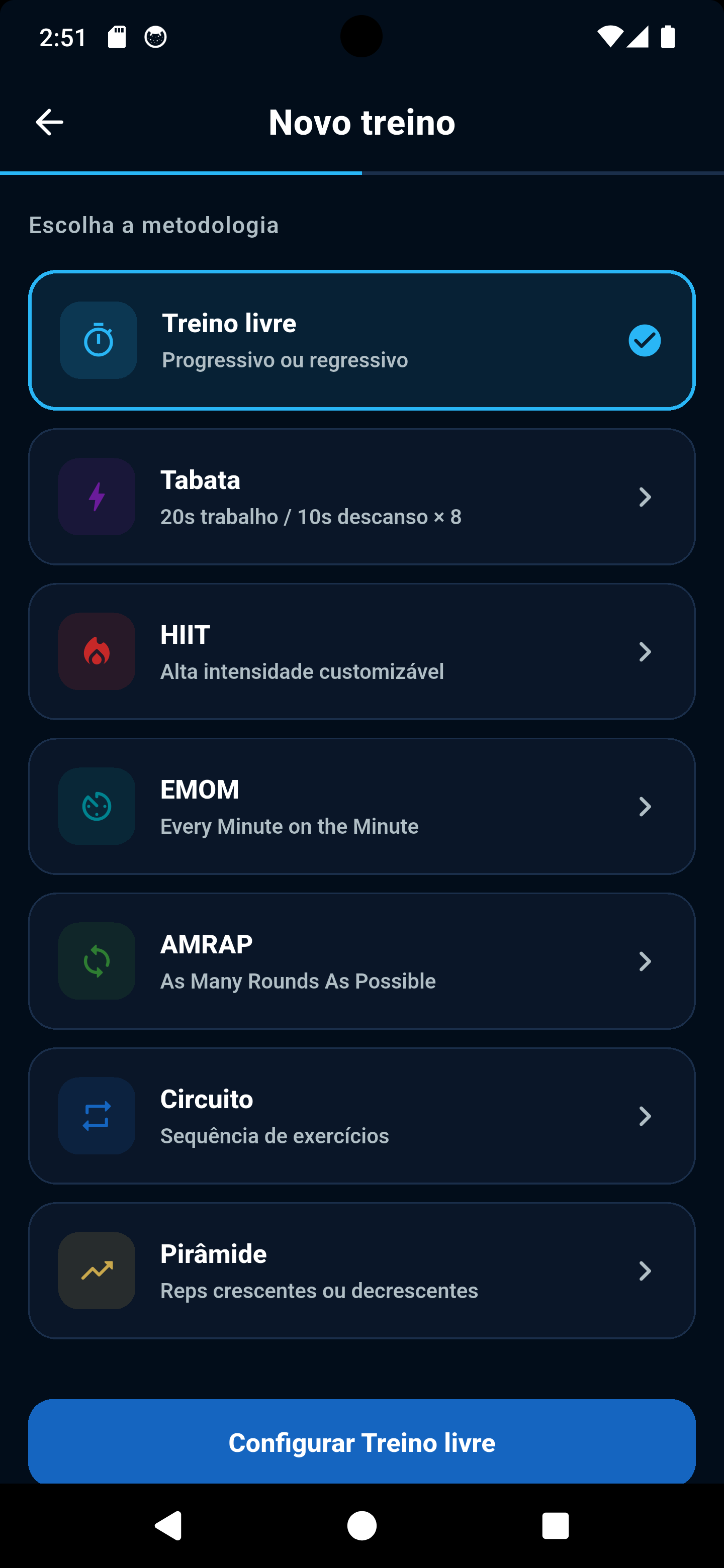 Tela de metodologias do módulo Workout do Zora7 Suite
