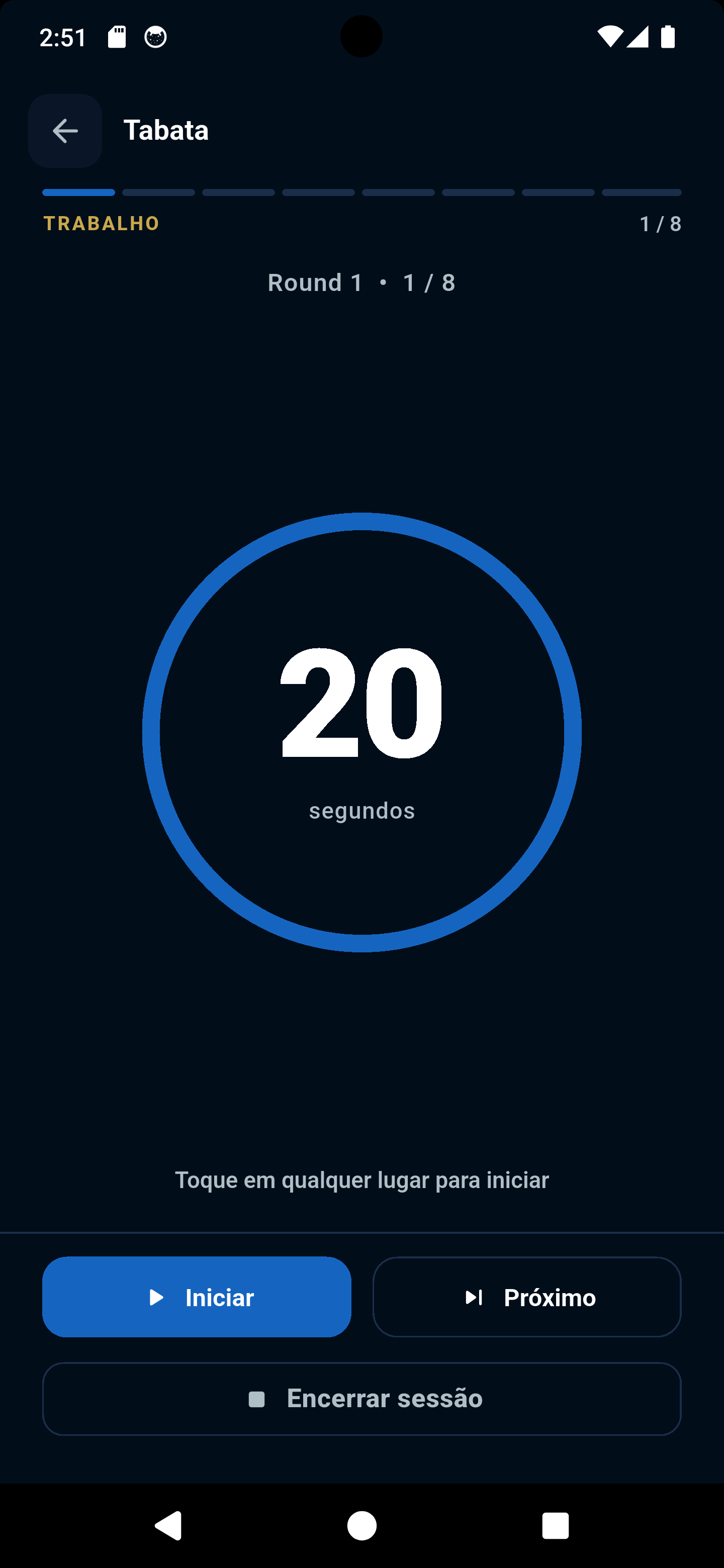 Sessão de Tabata em andamento no módulo Workout